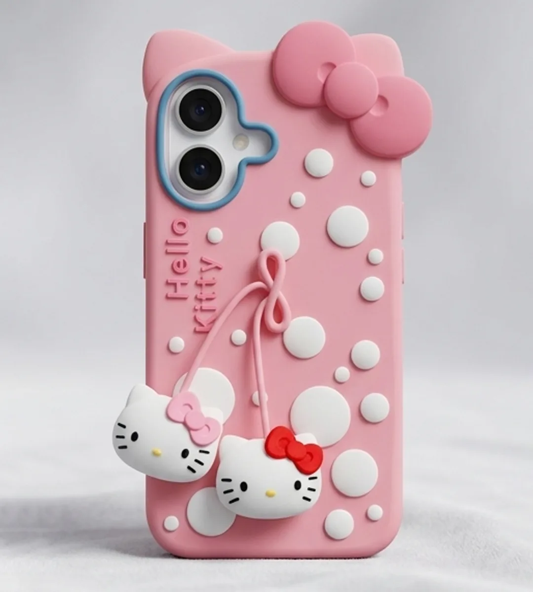 iPhone 17 Series Hello Kitty 3D "Cherry Duo" Silicone Case – Kawaii Character Bow Aesthetic Soft-Touch Cover