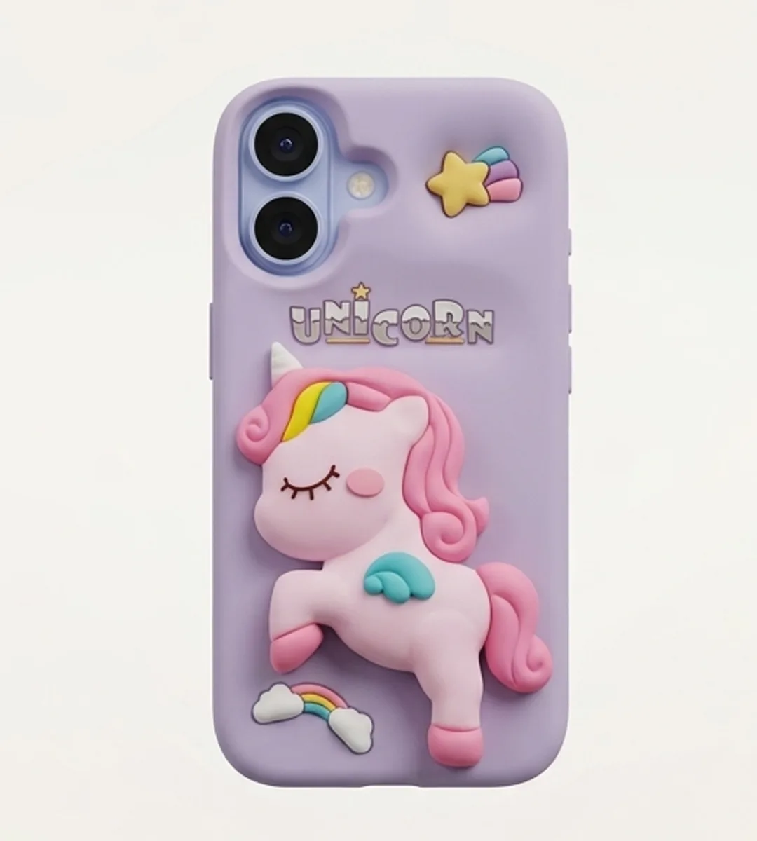 iPhone 17 Series Unicorn 3D Cartoon Silicone Soft Case For iPhone Cute Rainbow Pony Embossed Kawaii Protective Cover Purple