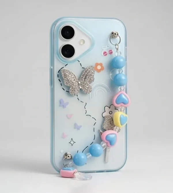 IPHONE 17 SERIES GARDEN BUTTERFLY BLUE: CRYSTAL EMBELLISHED, HANDMADE BEADED WRISTLET, PREMIUM SOFT-TOUCH PROTECTIVE COVER