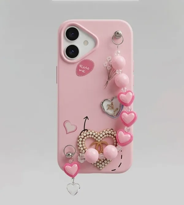 IPHONE 17 SERIES LUXE COQUETTE HEART: PEARL-EMBELLISHED, TRENDY CHARM STRAP, PREMIUM FASHION COVER PINK