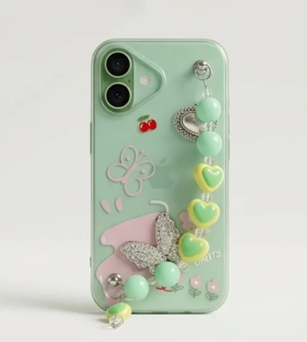 IPHONE 17 SERIES CRYSTAL BUTTERFLY MINT: FRESH DUAL-TONE, HANDMADE BEADED WRISTLET, PREMIUM GLOSS PROTECTIVE COVER