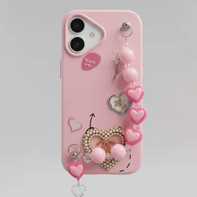 IPHONE 17 SERIES LUXE COQUETTE HEART: PEARL-EMBELLISHED, TRENDY CHARM STRAP, PREMIUM FASHION COVER PINK