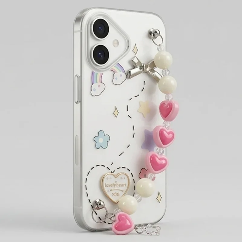 IPHONE 17 SERIES LOVELY HEART CLEAR: 3D RAINBOW ACCENTS, BEADED HEART CHARM, PREMIUM TRANSPARENT PROTECTIVE COVER