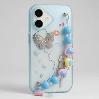 IPHONE 17 SERIES GARDEN BUTTERFLY BLUE: CRYSTAL EMBELLISHED, HANDMADE BEADED WRISTLET, PREMIUM SOFT-TOUCH PROTECTIVE COVER