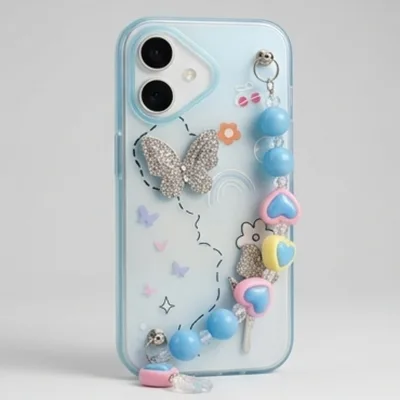 IPHONE 17 SERIES GARDEN BUTTERFLY BLUE: CRYSTAL EMBELLISHED, HANDMADE BEADED WRISTLET, PREMIUM SOFT-TOUCH PROTECTIVE COVER