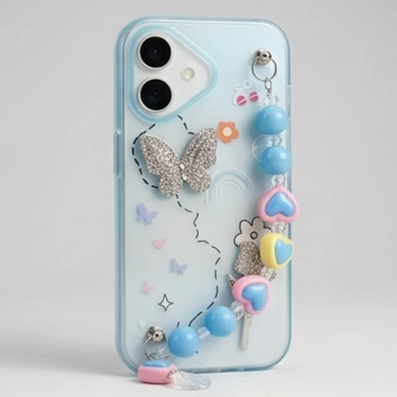 IPHONE 17 SERIES GARDEN BUTTERFLY BLUE: CRYSTAL EMBELLISHED, HANDMADE BEADED WRISTLET, PREMIUM SOFT-TOUCH PROTECTIVE COVER