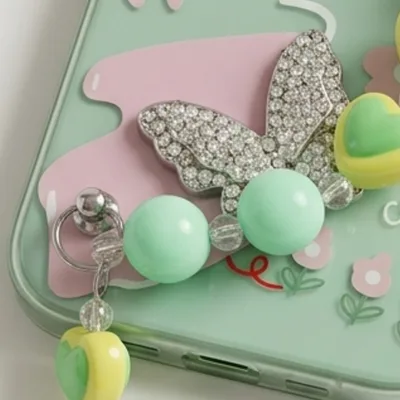 IPHONE 17 SERIES CRYSTAL BUTTERFLY MINT: FRESH DUAL-TONE, HANDMADE BEADED WRISTLET, PREMIUM GLOSS PROTECTIVE COVER — alternate view