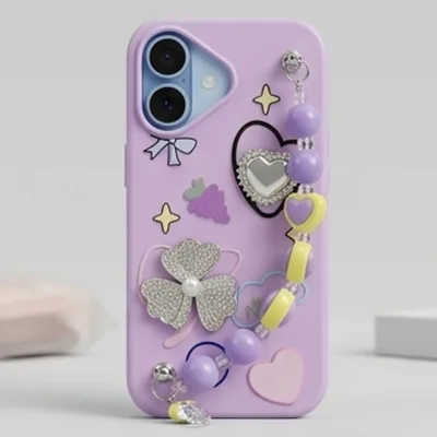 IPHONE 17 SERIES LUCKY CLOVER PURPLE: GLITTER GEM ACCENTS, HANDMADE BEADED WRISTLET, PREMIUM SOFT-TOUCH PROTECTIVE COVER