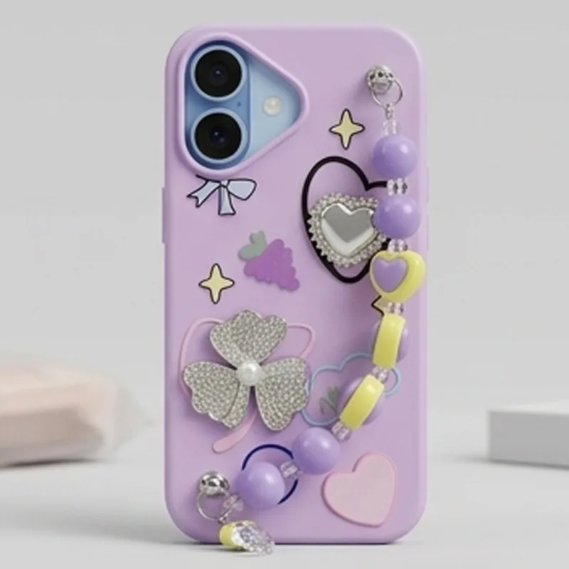 IPHONE 17 SERIES LUCKY CLOVER PURPLE: GLITTER GEM ACCENTS, HANDMADE BEADED WRISTLET, PREMIUM SOFT-TOUCH PROTECTIVE COVER