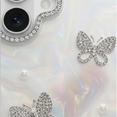 IPHONE 17 SERIES LUXURY PEARLESCENT BUTTERFLY CHARM CASE WITH DUAL PEARL & CRYSTAL WRISTLET — alternate view