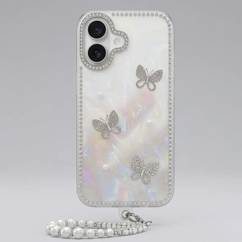 IPHONE 17 SERIES LUXURY PEARLESCENT BUTTERFLY CHARM CASE WITH DUAL PEARL & CRYSTAL WRISTLET