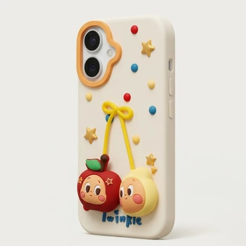 iPhone 17 Series Twinkle "Apple Friends" 3D Relief Case – Kawaii Character Aesthetic Soft Silicone Cover