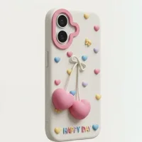 iPhone 17 Series 3D "Happy Day" Heart Cherry Case – Pastel Coquette Aesthetic Soft Silicone Cover