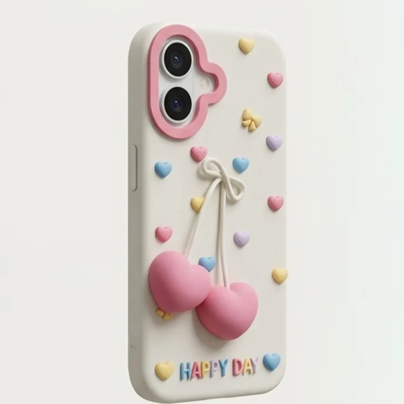 iPhone 17 Series 3D "Happy Day" Heart Cherry Case – Pastel Coquette Aesthetic Soft Silicone Cover
