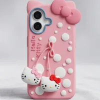 iPhone 17 Series Hello Kitty 3D "Cherry Duo" Silicone Case – Kawaii Character Bow Aesthetic Soft-Touch Cover