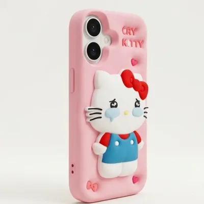 iPhone 17 Series Cry Kitty 3D Cartoon Silicone Soft Case For iPhone Cute Crying Cat Character Embossed Kawaii Protective Cover Pink — alternate view