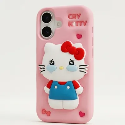 iPhone 17 Series Cry Kitty 3D Cartoon Silicone Soft Case For iPhone Cute Crying Cat Character Embossed Kawaii Protective Cover Pink