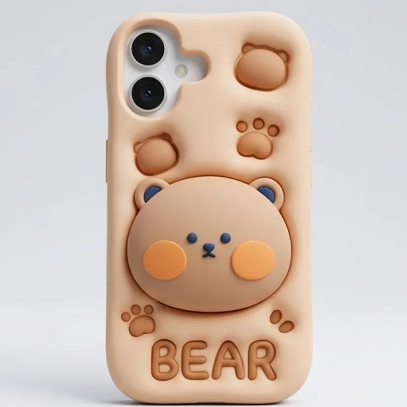iPhone 17 Series Cute 3D Bear Silicone Soft Case For iPhone Kawaii Teddy Bear Paw Print Embossed Protective Cover Beige