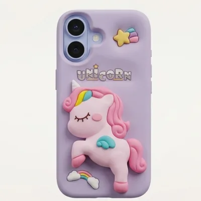 iPhone 17 Series Unicorn 3D Cartoon Silicone Soft Case For iPhone Cute Rainbow Pony Embossed Kawaii Protective Cover Purple