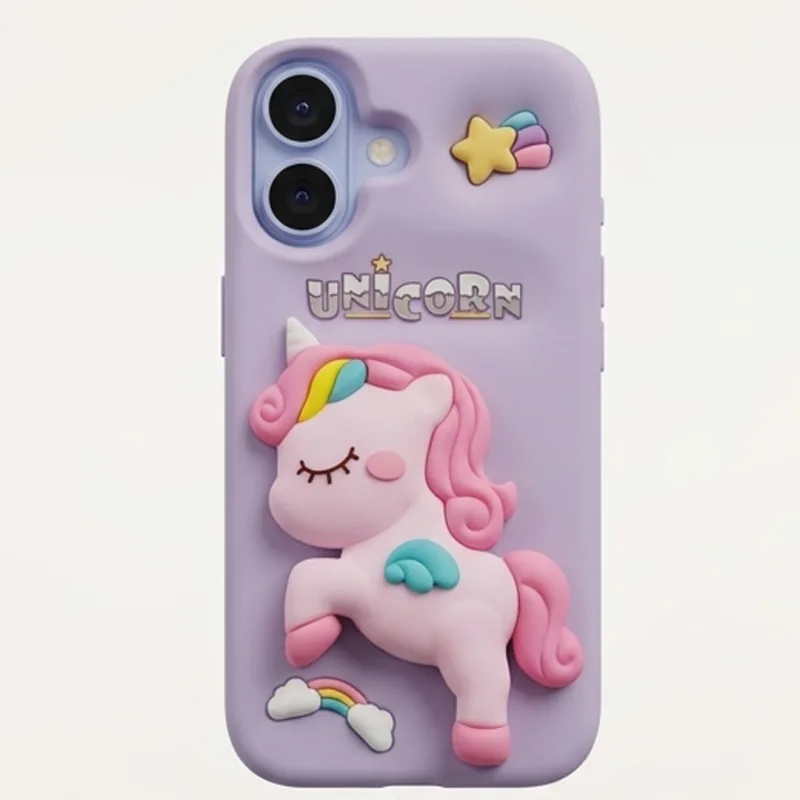 iPhone 17 Series Unicorn 3D Cartoon Silicone Soft Case For iPhone Cute Rainbow Pony Embossed Kawaii Protective Cover Purple