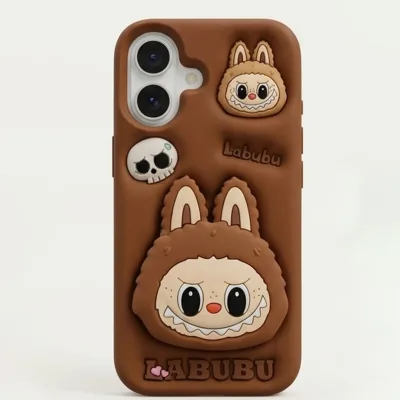 iPhone 17 Series Labubu 3D Cartoon Silicone Soft Case For iPhone Cute Monster Bunny Character Embossed Protective Cover Brown