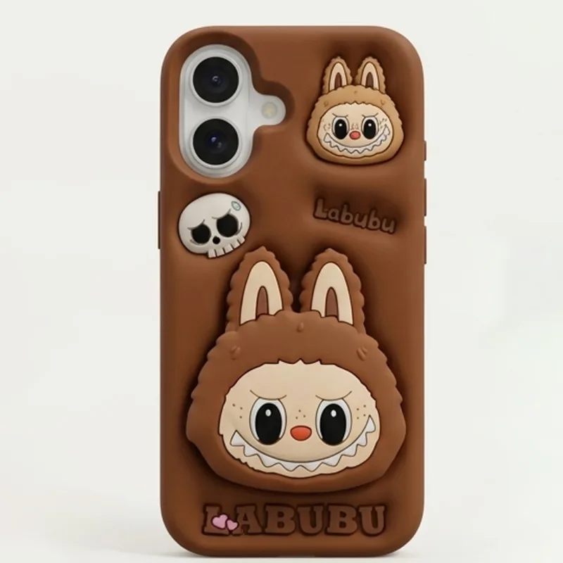 iPhone 17 Series Labubu 3D Cartoon Silicone Soft Case For iPhone Cute Monster Bunny Character Embossed Protective Cover Brown