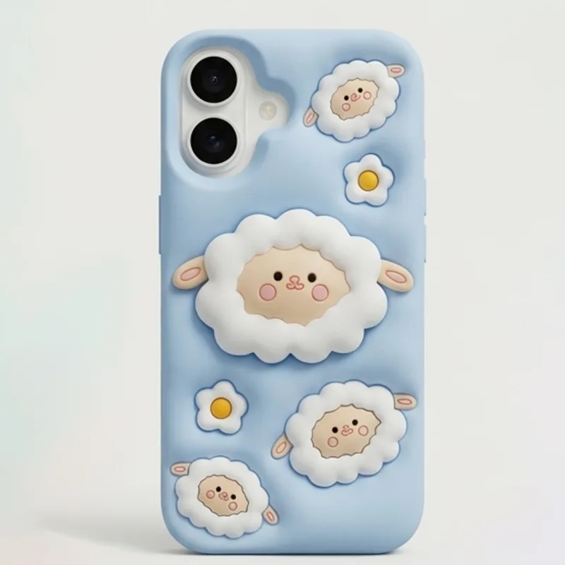 iPhone 17 Series Cute 3D Sheep Silicone Soft Case For iPhone Kawaii Cartoon Lamb Fluffy Protective Cover Blue